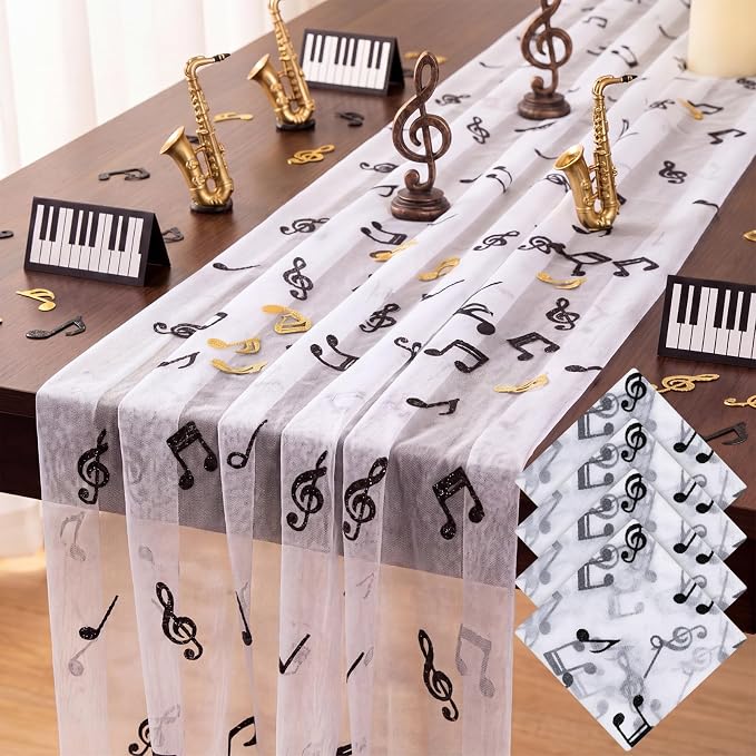 4 Pcs Music Notes Table Runner 29 x 70 Inch Glitter Black Musical Note Tulle by Windkream