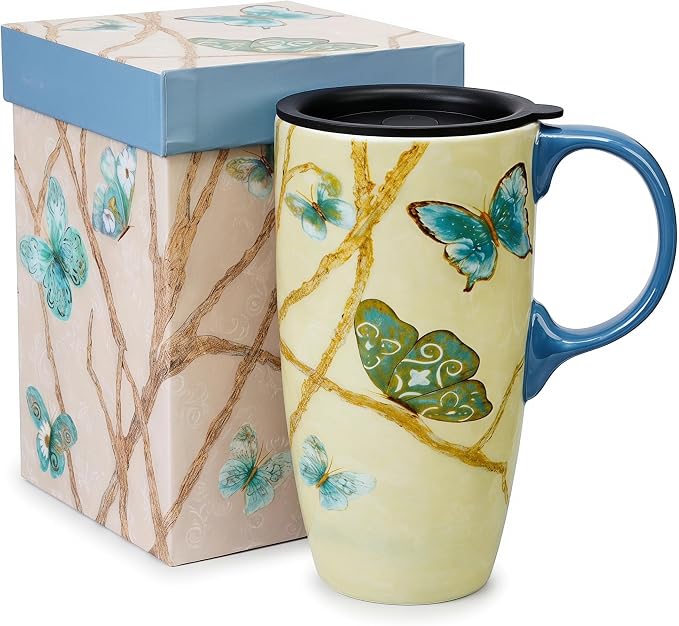 Topadorn 17oz Blue Butterfly Ceramic Coffee Mug by Topadorn