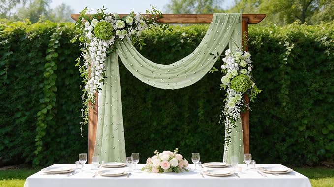 Pearl Table Runner Gauze Sheer 19FT Wedding Draping Fabric Decor | Sage Green - Image 3