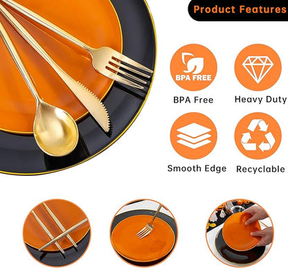 MirthMood 210PCS black and orange Plastic Plates,Black Disposable Plates –Plastic Plates Set Includes 30 Dinner,30 Dessert Plate,30 Cup&30 Napkins, 30 Gold Silverware for Wedding& Thanksgiving