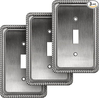 Henne Bery Rope Edge Decorative Wall Plate Switch Plate Outlet Cover (Single Toggle, 3 Pack, Heirloom Silver)