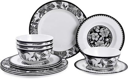 Melamine Dinnerware Sets 12pcs-Melamine Plates and Bowls Set Black Flower Lily Pattern Indoor Outdoor Use Unbreakable Dishwasher Safe