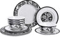 Melamine Dinnerware Sets 12pcs-Melamine Plates and Bowls Set Black Flower Lily Pattern Indoor Outdoor Use Unbreakable Dishwasher Safe