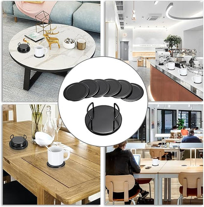 JUXYES Set of 6 Stainless Steel Round Coasters with Holder & Sponge Bottom, Black Metal Cup Coasters Set Stunning Cool Coaster Cups Mats Decor for Restaurant Kitchen bar Dining Table