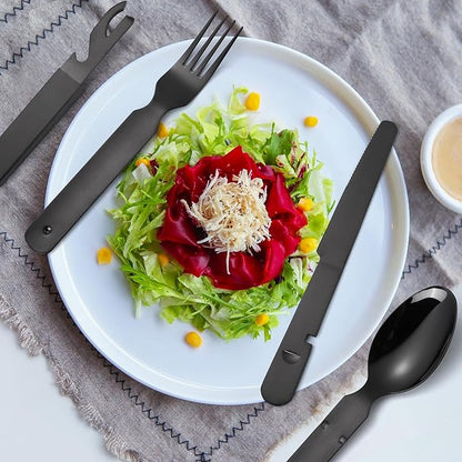 Portable Silverware Black Flatware Camping Cutlery Stainless Steel Spoon Fork Knife and Bottle Opener 4 Pieces Utensil Outdoor Travel Foldable Easy to Clean