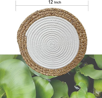 ANDSTAR Round Woven Placemats Set of 4, 12"x12", Natural Wicker Placemats, Water Hyacinth Straw Braided Placemats,Boho Place Mats for Farmhouse, Rustic Table (Water Hyacinth + White Cotton Rope)
