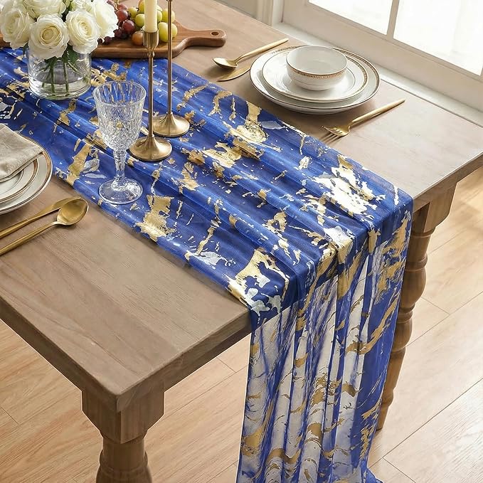 Artoid Mode Marble Pattern Dark Blue Gauze Table Runner 10FT, Glitter Metallic - Image 4