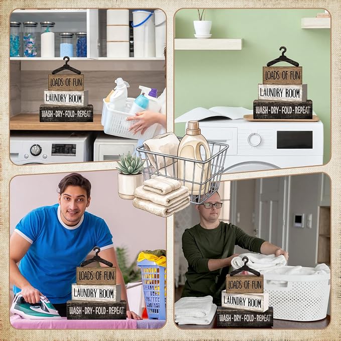 Moucuny 4 Pcs Farmhouse Laundry Room Decor and Accessories Stacked Blocks Loads - Image 5