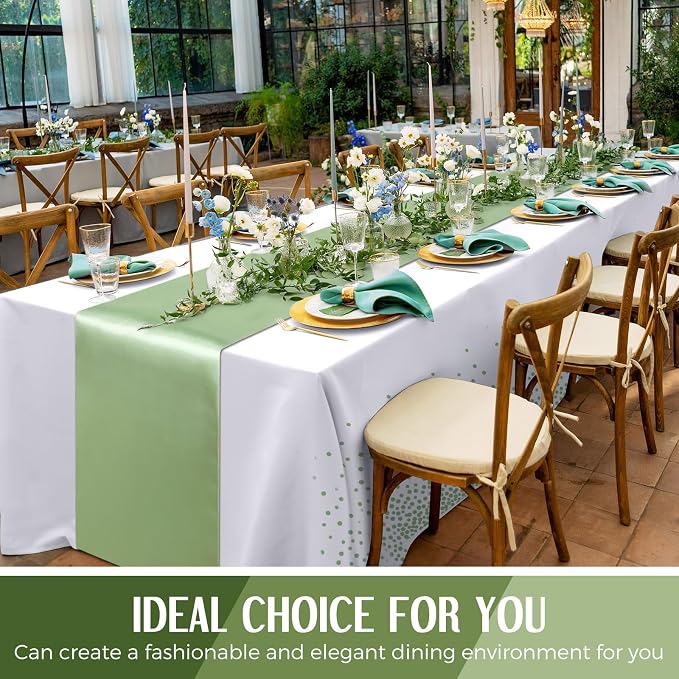 8 Pack White and Sage Green Disposable Plastic Tablecloths and Satin Table - Image 6