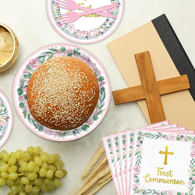 96 Pieces First Communion Floral Tableware Set – Pink Floral Cross Disposable - Image 6