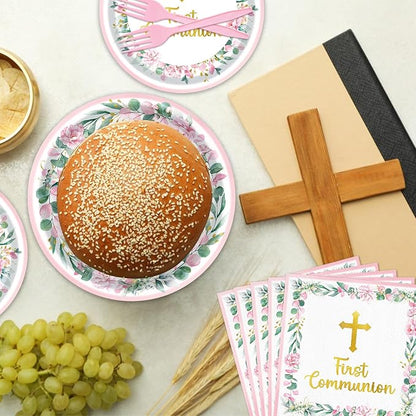 96 Pieces First Communion Floral Tableware Set – Pink Floral Cross Disposable - Image 6