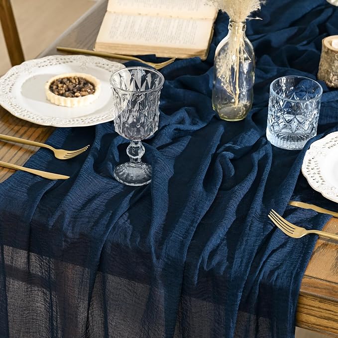 Artoid Mode Boho Cheesecloth Gauze Navy Blue Wedding Table Runner, 120 Inch by ArtoidMode