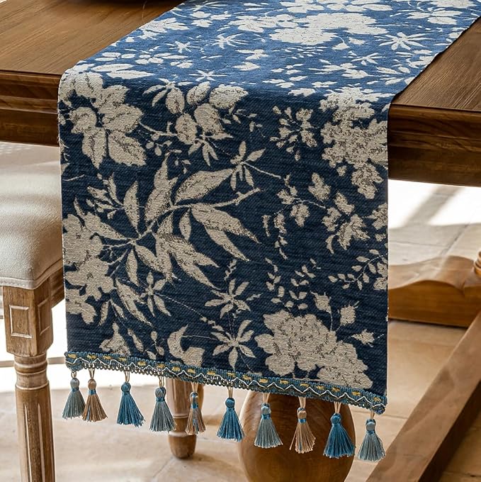 Floral Botanical Jacquard Small Table Runner Blue 13 x 48 Inch | Jacquard Flower - Image 2