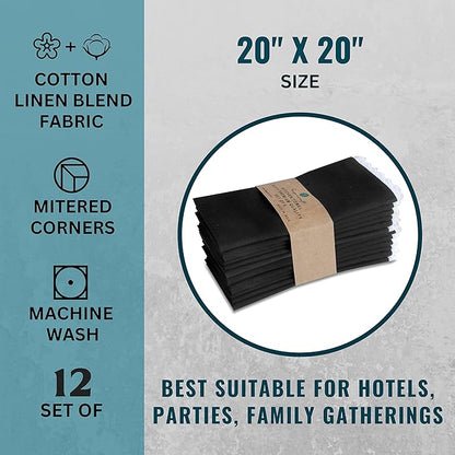 Fingercraft Dinner Cloth Napkin Cotton Linen Set of 12 Mitered Corners with Natural Elegant Lace for Everyday Use Napkins are Pre Shrunk and Good Absorbency with Lace 20x20 in Black