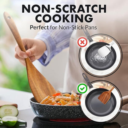 Zulay Kitchen Extra-Large 5-Piece Wooden Spoon Set - Smooth Teak Cooking Utensils - Comfort-Grip Non-Stick Turner, Spatula, Skimmer, Fork, Serving Spoon