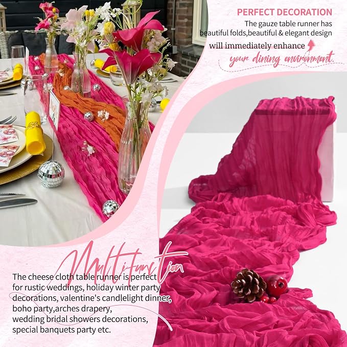 Showgeous 2 Pack Hot Pink Cheesecloth Table Runners Boho Wedding Decor | Rustic - Image 6