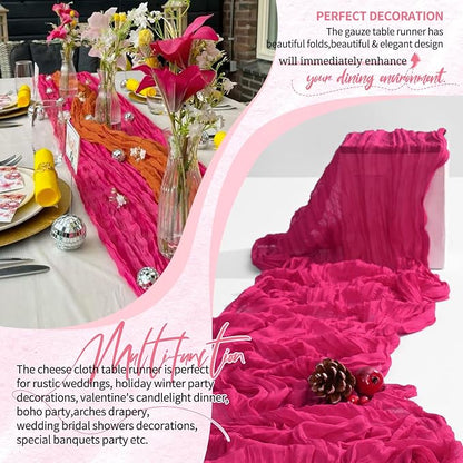 Showgeous 2 Pack Hot Pink Cheesecloth Table Runners Boho Wedding Decor | Rustic - Image 6