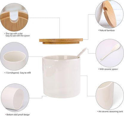 Lucky Goddness June Sky Ceramic Food Storage Containers with Bamboo Lid- Modern Design Porcelain Jar- Perfect Canister for Sugar Bowl Serving Tea, Coffee, Spice- Condiment Pot 8 oz, white