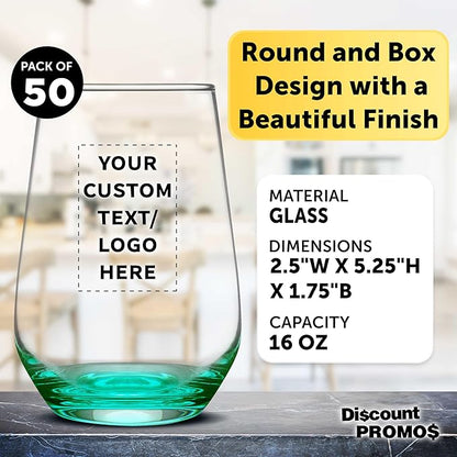 DISCOUNT PROMOS 50 Vaso Silicia Stemless Wine Glasses Set, 16 oz. - Personalized Text, Logo - Clear, Orb-Like, Thick base - Green