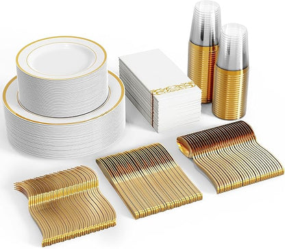 FOCUSLINE 350 Ct Disposable Dinnerware Set for 50 Guests -Heavy Duty Plastic Plates with Gold Rim, Includes 50 Dinner & Salad Plates, Cups, Napkins, Cutlery Set