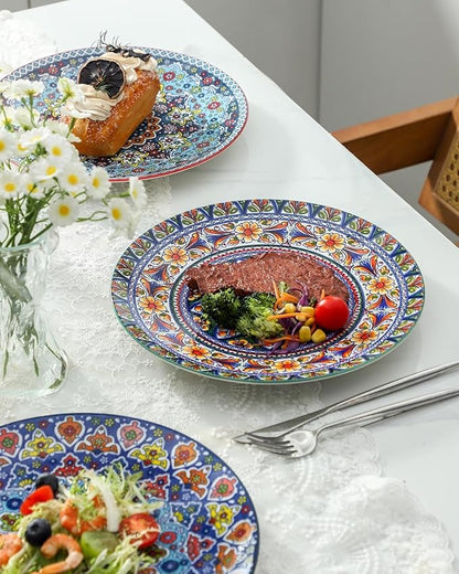 HASENSE Dinner Plate Set of 4, 10.5 Inch Porcelain Plates for Kitchen, Large Salad Plates for Steak, Dishes Set for Restaurant, Microwave, Oven & Dishwasher Safe for Christmas Gift, Bohemian