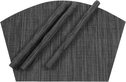 SHACOS Small Round Table Placemats Set of 5 Woven Vinyl Wedge Placemats with Centerpiece Round Table Mats Heat Resistant Wipe Clean (5, Black Gray)