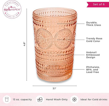 Hobnail Beaded Floral Rose Gold Drinking Glasses Set of 6, Vintage Glassware - Image 6