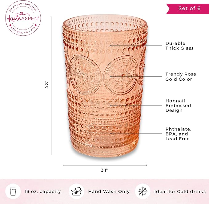Kate Aspen Hobnail Beaded Floral Rose Gold Drinking Glasses Set of 6, Vintage - Image 6