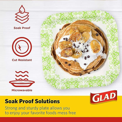 Glad Square Disposable Paper Plates, Green Victorian Pattern - Strong, Sturdy, Soak Proof, and Microwavable Decorative Plates for Dinner and Everyday Use, 10 Inch, 50 Count - 12 Pack