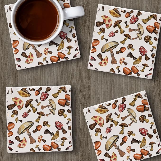 Thirstystone Mushroom Harvest 4 Pack Absorbent Tumbled Tile Stone Coasters | 4" - Image 4