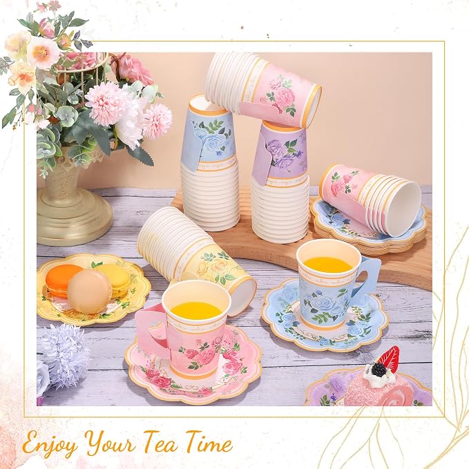 Kochorie 120 Pcs Floral Paper Tea Cups and Saucers 9 Oz Disposable Teacups Bulk - Image 4