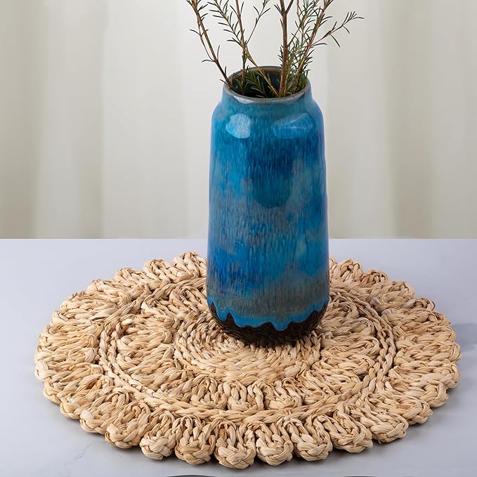 13.8" Corn Husk Woven Round Placemats Set of 10 - Wicker Boho Farmhouse Placemats - Rattan Table Mats Like Water Hyacinth for Dining Table, Wedding, Home