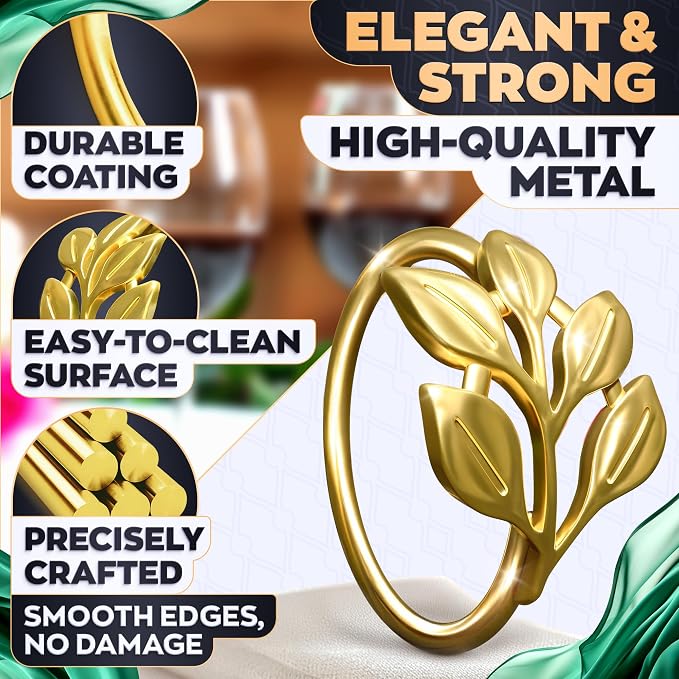 Gold Napkin Rings Set of 12, Leaf Design Metal Holders - Image 3