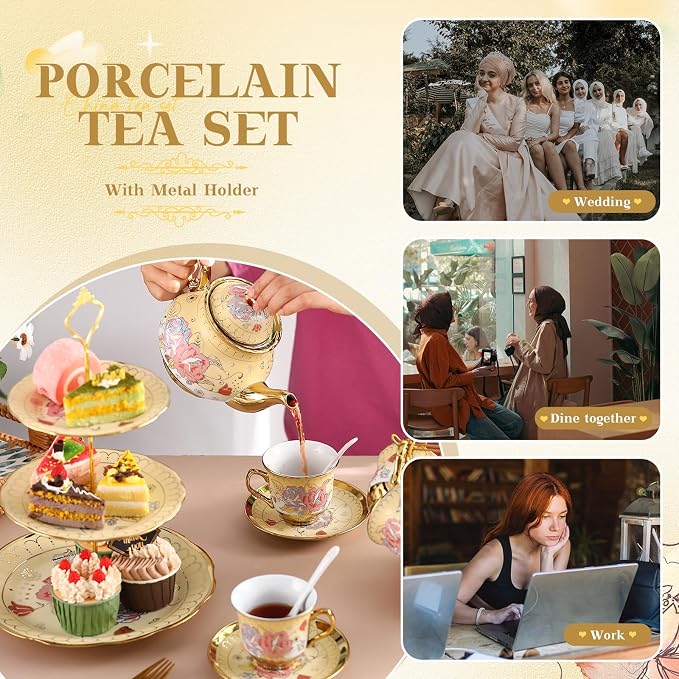 21 Pcs Ceramic Teapot Set Vintage Porcelain Tea Cups - Image 7