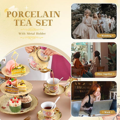 21 Pcs Ceramic Teapot Set Vintage Porcelain Tea Cups - Image 7