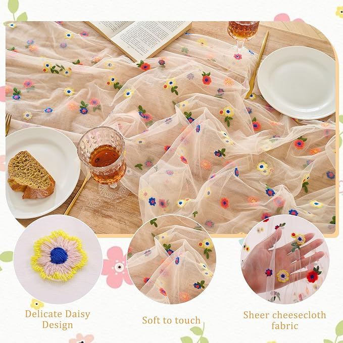 BINBE 1pcs Champagne Daisy Spring Table Runner Embroidery Gauze 10FT Florals - Image 3