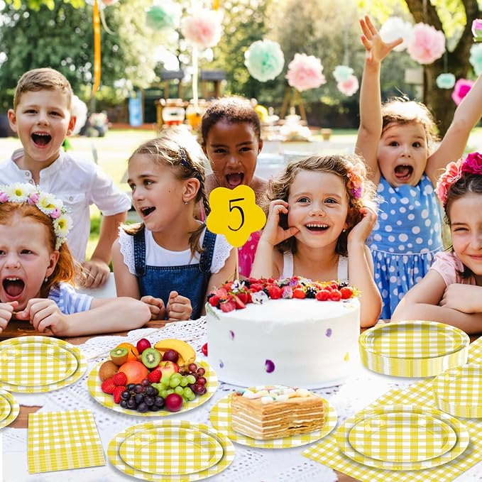 180Pcs Yellow Gingham Party Supplies Paper Plates and Napkins Serve 60 | - Image 5