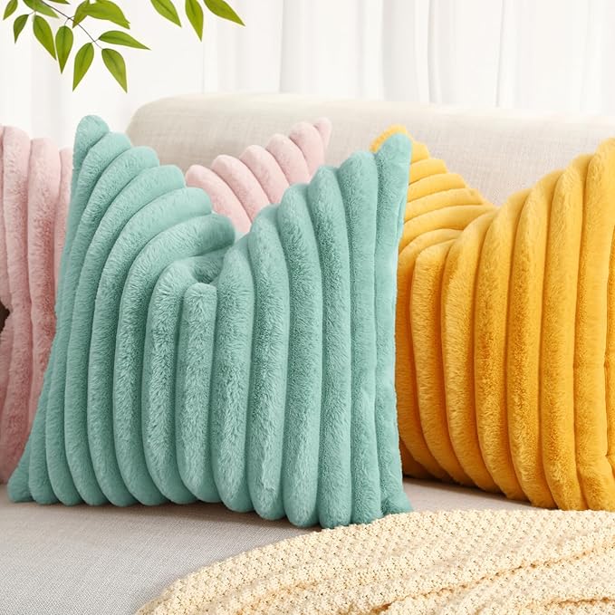 decorUhome Cozy Faux Fur Throw Pillow Covers 24x24 Set of 2 Decorative Soft Plush Striped Modern Farmhouse Boho Couch Euro Sham Pillow Cases with Velvet Back for Sofa Bed Living Room, Aqua