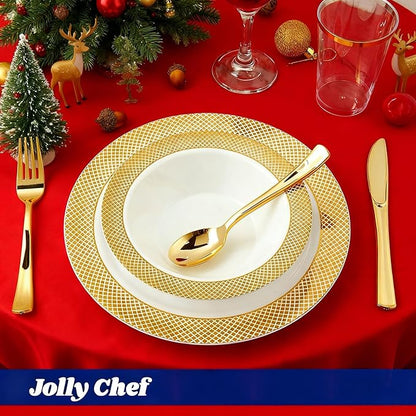 JOLLY CHEF 100 Disposable Plastic Bowls, 12oz Heavy Duty Disposable Dinner Bowls, Dessert Bowls with Gold Rim for Party, Dinners, Catering, Thanksgiving and Everyday Use