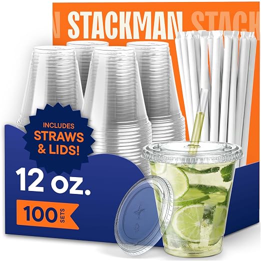 Stack Man Clear Plastic Cups - 12 oz - 100 Pack | Disposable Cups by StackMan