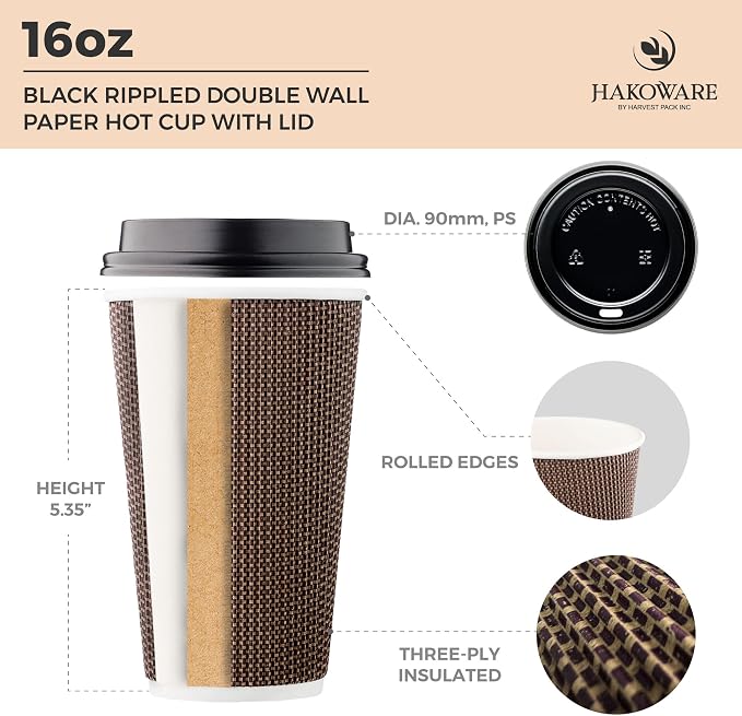 Harvest Pack 16 oz Disposable Coffee Cups, Insulated Ripple Double-Walled Paper - Image 2