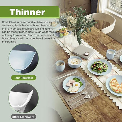 Yoshy 16-Piece Blue Bone China Dinnerware with Lightweight Durable Chip Resistant Design Service for 4