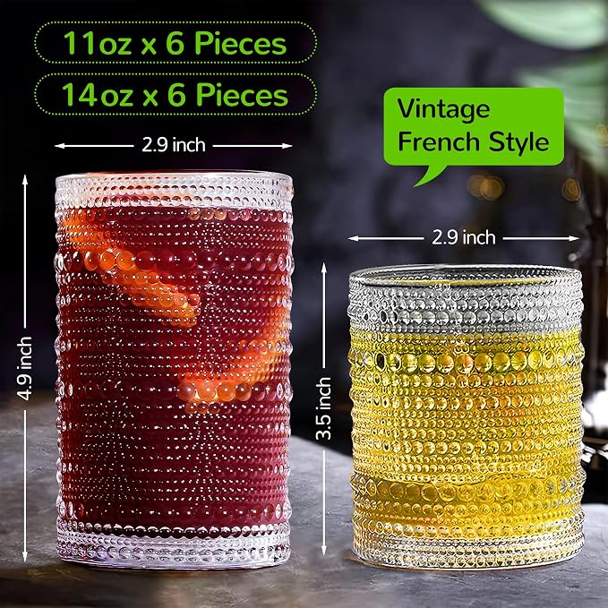 Vintage Hobnail Drinking Glasses Set of 12-14 oz Old Fashioned Water Glass Cups - Image 2