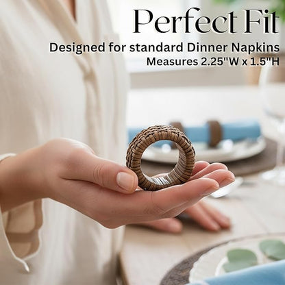 CLEENTABLE Decorative Jute Napkin Ring, Cane Napkin Rings Set of 12 - Hand Woven Napkin Holders for Farmhouse, Rustic, Holiday, Wedding, Easter, Thanksgiving, Xmas, Boho & Fall Table Décor (Walnut)