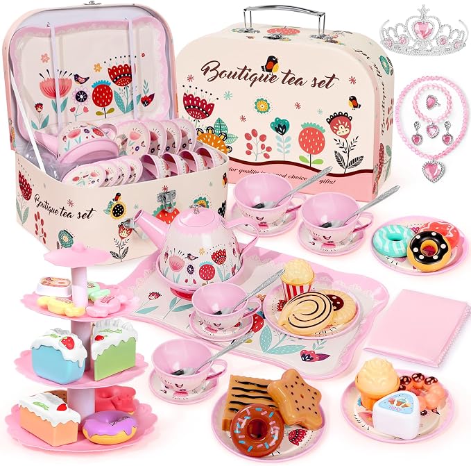 Tea Party Set for Little Girls, Kids Kitchen Pretend Playset, Montessori Toys by iAOVUEBY