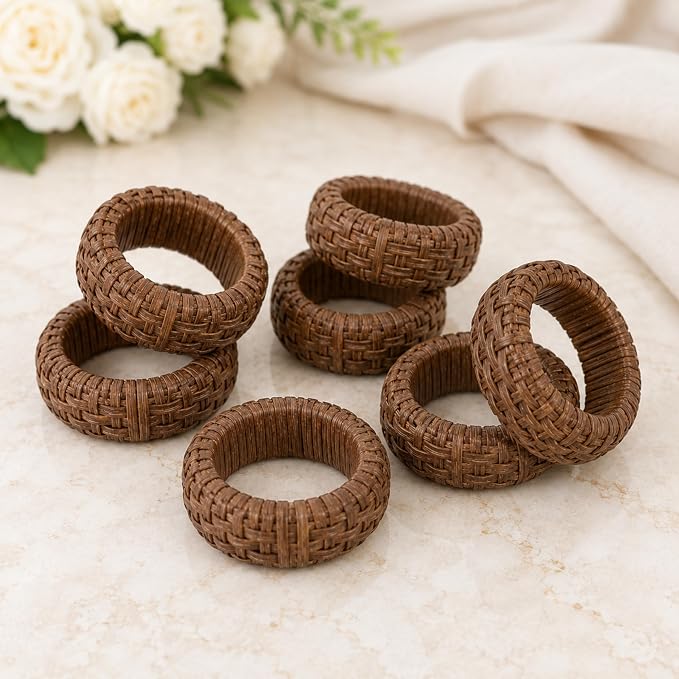 Cane Napkin Rings, Dark Brown, lacquered finish, 2.25x2.25x0.5 in, holds cloth - Image 3
