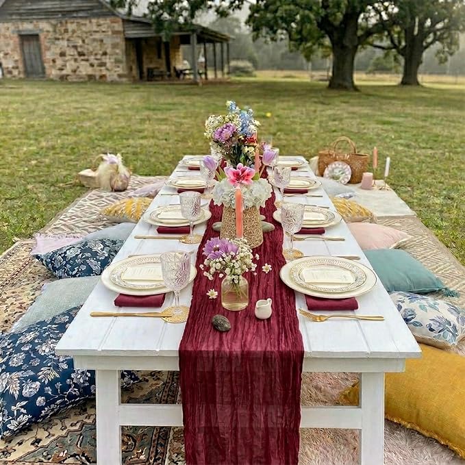 10 Pack Burgundy Cheesecloth Table Runner 17 x 108 Inch | Boho Gauze Fabric - Image 7