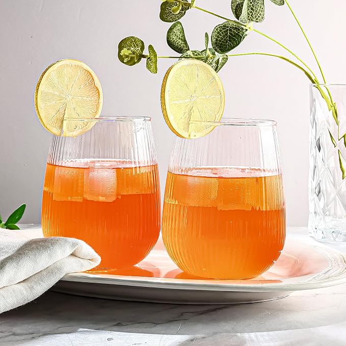 UMEIED 12 Pack Textured Glass Cups, 490ml | Elegant Vertical Ribs, Flat Base - Image 4