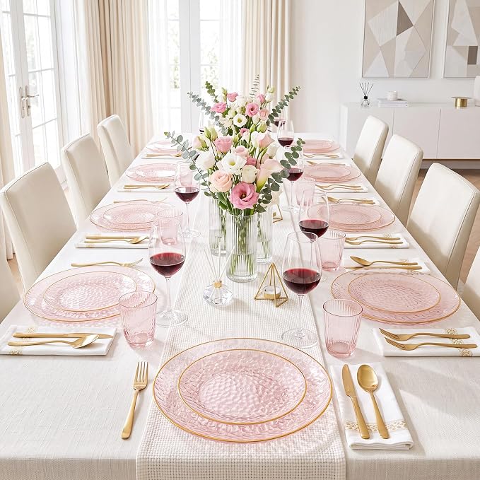 Rubtlamp 60Pcs Pink Plastic Plates, Hammered Gold Plates Include 30Pink Plastic - Image 9