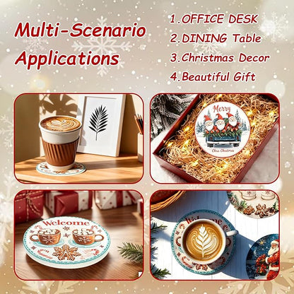 Christmas Drink Coasters Set of 6 with Black Holder and Cork Base, Absorbent Ceramic Coasters Round Decorative Coffee Table Decor for House Warming Gifts New Home
